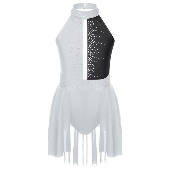 Yartina Kids Girls Figure Ice Skating Dress Rhinestones RSleeveless Ballet Dance Dress Gymnastic Tutu White&Black 14