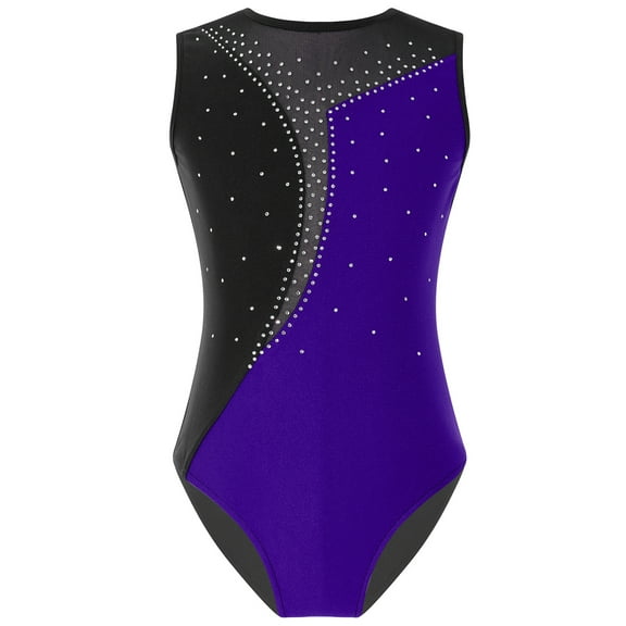 Yartina Kids Girls Gymnastic Leotard Shiny Rhinestone Sleeveless Mesh Splice Ballet Dance Unitard Purple 6