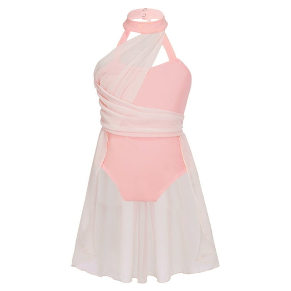 Yartina Girls Halter Lyrical Dance Leotard with Chiffon Skirt Gymnastic Modern Dance Skating Dress Pink 16