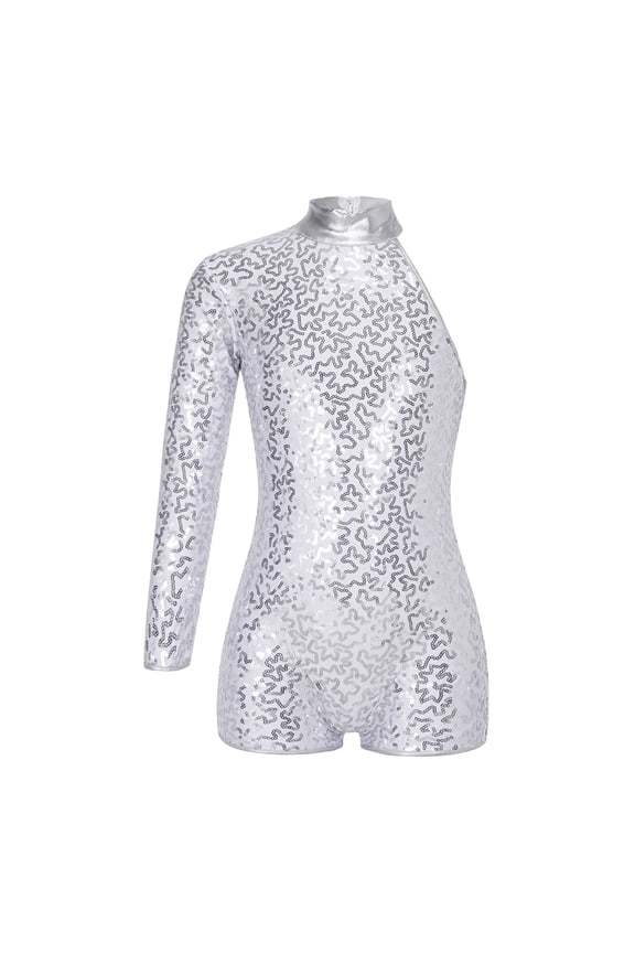 Kids Girls Long Sleeve Dance Bodysuit One Shoulder Sequin Gymnastics Leotard One Piece Silver 6