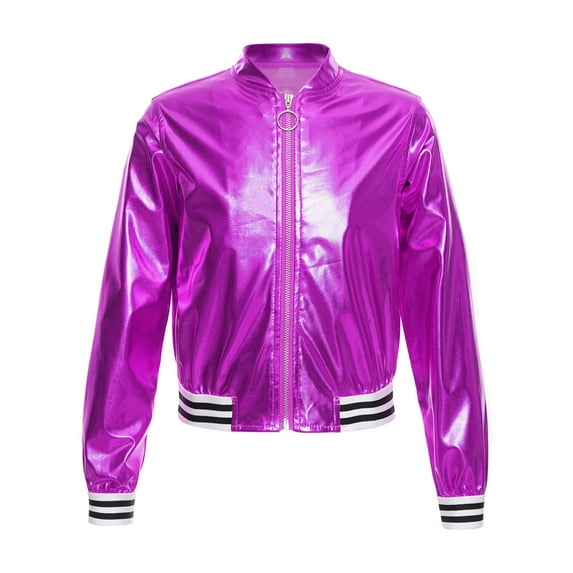 Yartina Kids Girls Metallic Bomber Jacket Coat Zip Up Long Sleeve Jazz Dance Crop Top Windbreaker Purple 12