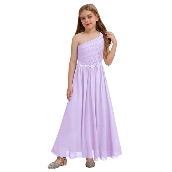 Yartina Kids One-Shoulder Flower Girl Dress Sleeveless Guipure Lace Wedding Birthday Party Maxi Gown Lavender 8