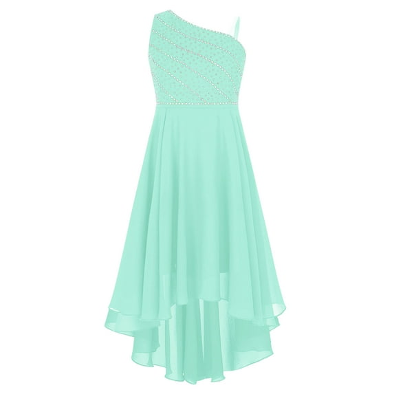 Yartina Kids Girls One Shoulder Formal Dress A-Line Sleeveless High Low Chiffon Wedding Party Mint Green 10