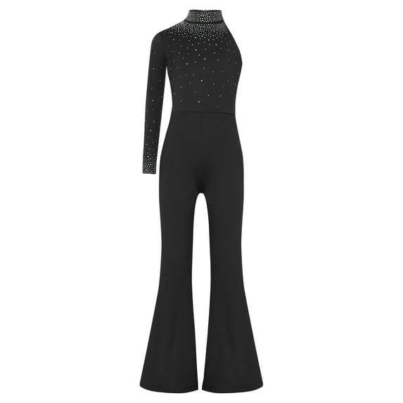 Yartina Kids Girls Rhinestone Romper Single Long Sleeve Wide Leg Pants Jumpsuit Party Dance Playsuit Black 12