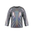 thumbnail image 1 of Yartina Kids Girls Shiny Metallic Jazz Hip Hop Dance T-Shirt Long Sleeve Loose Tops for Stage Club Black 130, 1 of 7