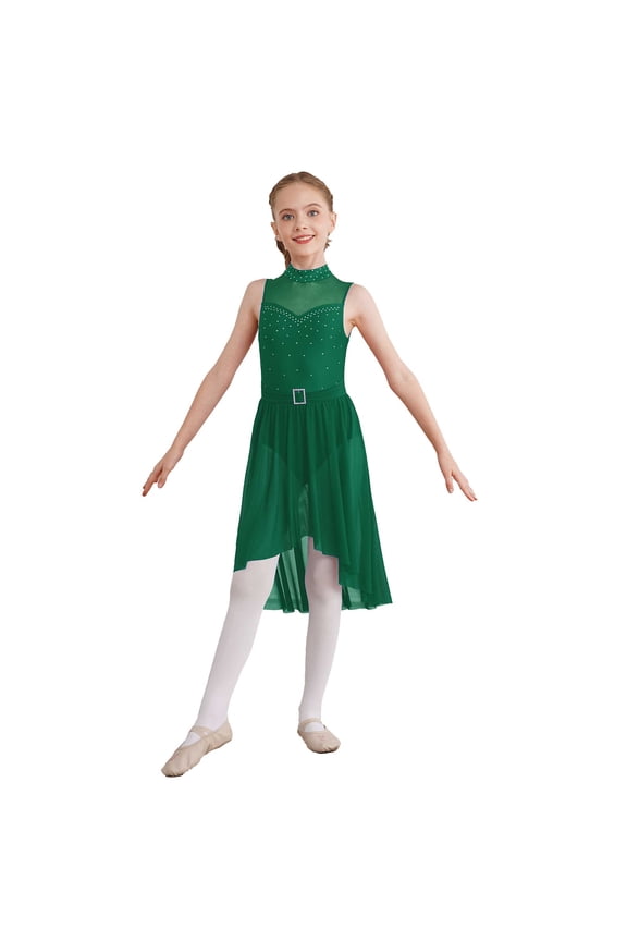 Kids Girls Shiny Sequin Lyrical Ballet Dance Dress Sleeveless High-Low Leotard Dress Modern Green 14