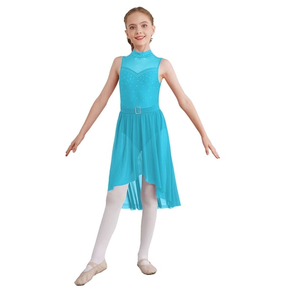 Yartina Kids Girls Shiny Sequin Lyrical Ballet Dance Dress Sleeveless High-Low Leotard Dress Modern Turquoise 14