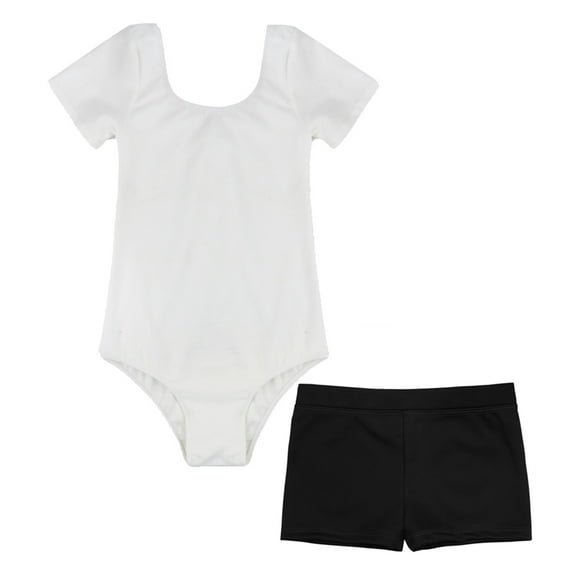 Yartina Kids Girls Short Sleeve Ballet Dance Gymnastics Leotards with Shorts Sports Set Athletic Ivory&Black 12