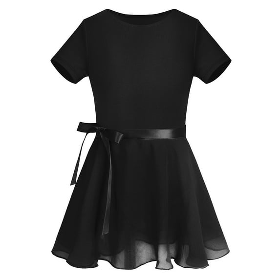 Yartina Kids Girls Short Sleeves Ballet Dance Gymnastics Leotard Clothing with Tied Skirt Black M