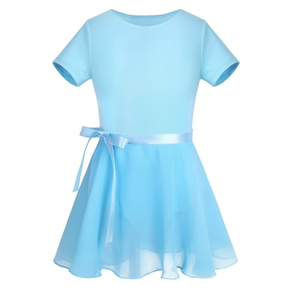 Yartina Kids Girls Short Sleeves Ballet Dance Gymnastics Leotard Clothing with Tied Skirt Sky Blue S