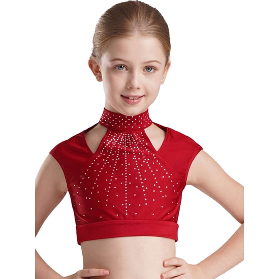 Yartina Kids Girls Sleeveless Shiny Rhinestone Ballet Jazz Hip Hop Dance Crop Tops Gymnastics Skating Vest Shirts Burgundy 6