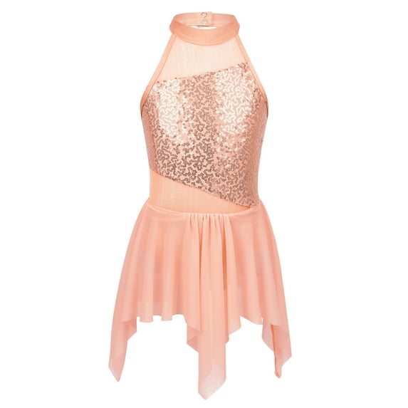 Yartina Girls Sleeveless Shiny Sequins Halter Leotard Dress Ballroom Lyrical Ballet Dancewear Orange 6