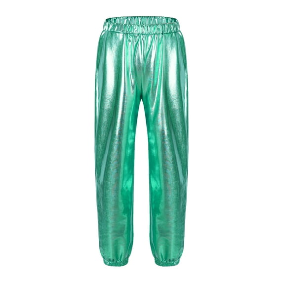 Yartina Kids Girls Sweatpants Glossy Metallic Hip Hop Dance Pants Street Dance Trousers Jogger Blue Green 8