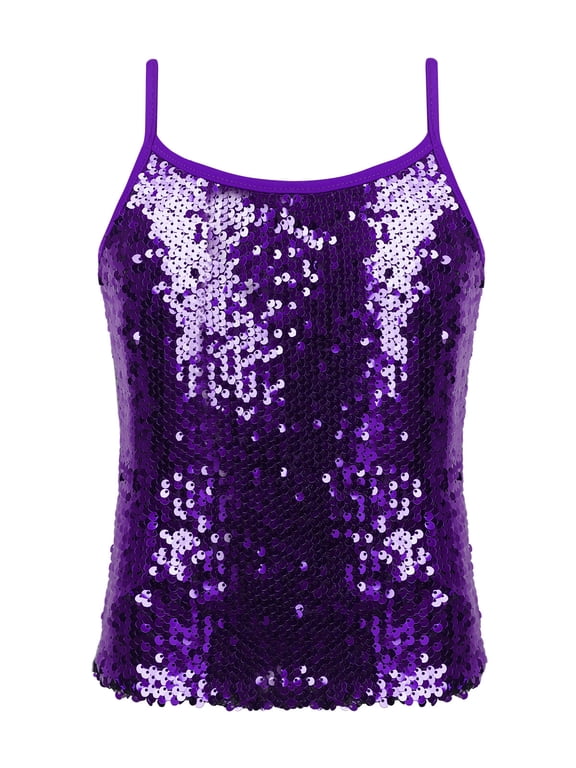 Kids Girls Tops Sparkly Sequin Tank Top Camisole Adjustable Straps Purple 6