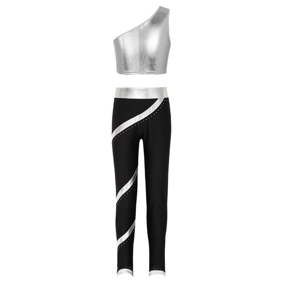 Yartina Kids Girls Traacksuit Sport Suit Metallic One Shoulder Crop Vest with Stripes Leggings Silver 14
