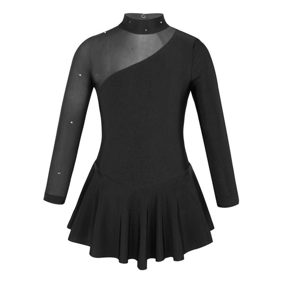 Yartina Girls Mesh Splice Figure Skating Dress Gymnastics Ballet Dance Leotard Tutu Skirt Black 4