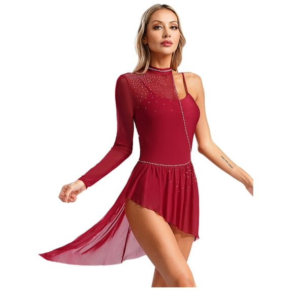Yartina Lyrical Dance Dress One Shoulder Modern Contemporary Dance Dress for Women Girls Burgundy L