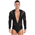 thumbnail image 1 of Yartina Men's Shiny Latin Dance Shirt Leotard Sheer Mesh Ballroom Salsa Rumba Figure Skating Romper Bodysuit Black XXL, 1 of 7
