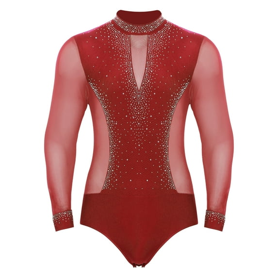 Yartina Men's Sparkling Rhinestones Latin Dance Shirts Long Sleeve Unitard Ballroom Dance Shirts Red XXL