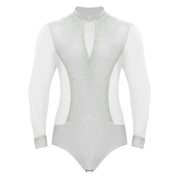 Yartina Men's Sparkling Rhinestones Latin Dance Shirts Long Sleeve Unitard Ballroom Dance Shirts White S