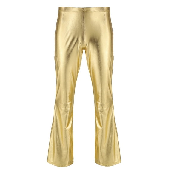 Yartina Mens Shiny Metallic Elastic Soft 70's Disco Costume Flared Trousers Bell Bottoms Long Pants Gold L