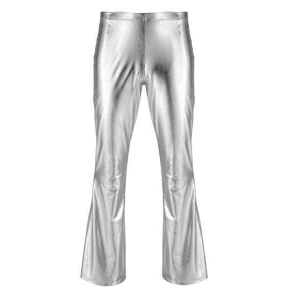 Yartina Mens Shiny Metallic Elastic Soft 70's Disco Costume Flared Trousers Bell Bottoms Long Pants Silver XL