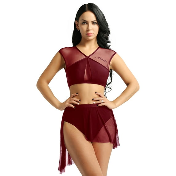 Yartina Woman Lyrical Dance 2 Piece Outfits Mesh Backless Crop Top with Split Skirts Ballet Dress Wine Red M