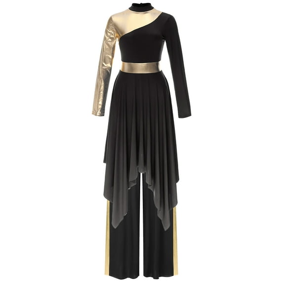 Yartina Women 2Pcs Praise Dance Outfit Metallic Block Asymmetric Hem Dress Wide-Leg Pants Worship Dancewear Black XXL