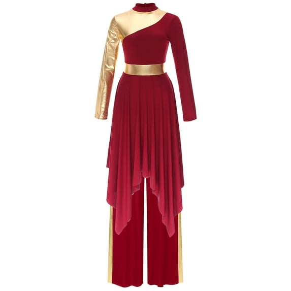 Yartina Women 2Pcs Praise Dance Outfit Metallic Block Asymmetric Hem Dress Wide-Leg Pants Worship Dancewear Burgundy XXL
