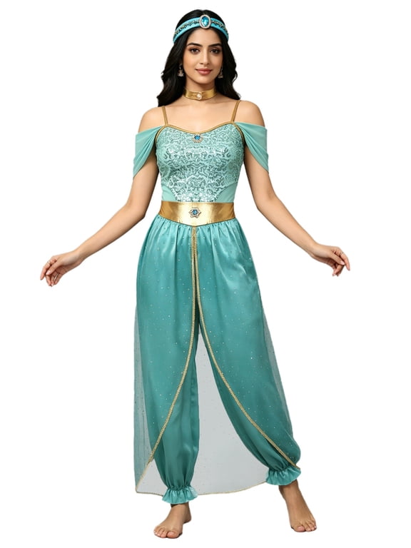 Women 3 Piece Arabian Princess Outfit Sleeveless Sequin Jumpsuit with Headband and Choker Turquoise L