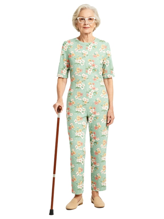 Women Adaptive Dementia Clothing Floral Anti-Strip Jumpsuit Zip Back for Elderly and Special Needs Light Green S