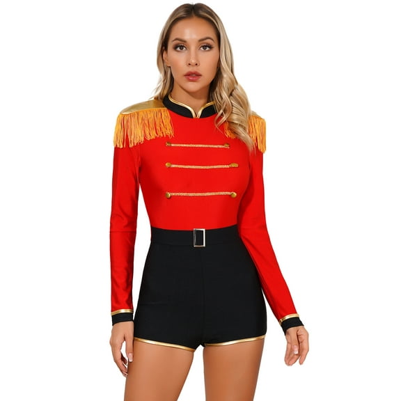 Yartina Women Adult One-piece Bodysuit Halloween Circus Ringmaster Jumpsuit Tassel Shoulder Boards Red S