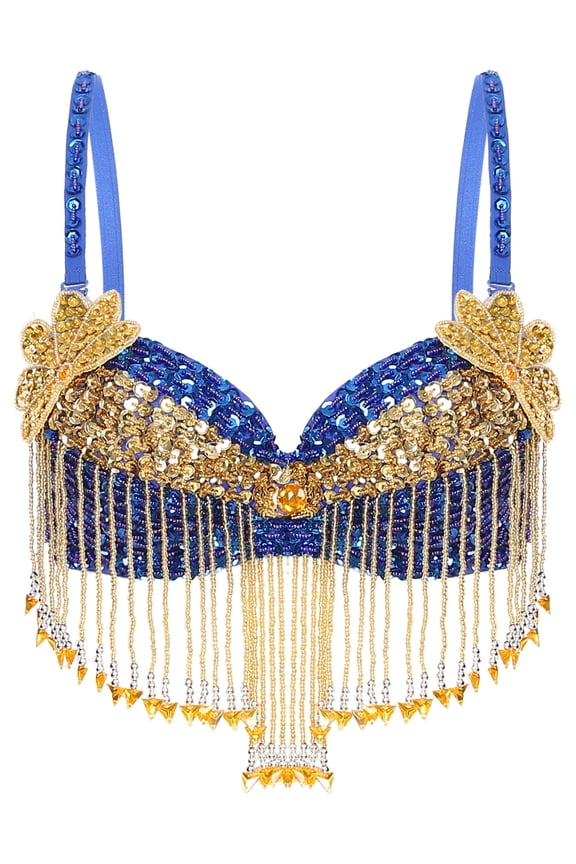 Women Beaded Fringe Halter Bra Top Shiny Tribal Tops Belly Dancewear for Theme Party Royal Blue One Size