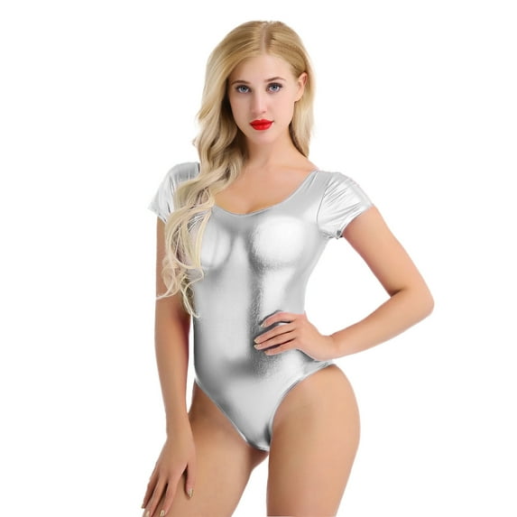 Yartina Women's Ballet Dance Gymnastic Leotard Shinny Metallic Leather Short Sleeve Bodysuit Gym Wear Silver L