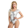 thumbnail image 1 of Yartina Women's Ballet Dance Gymnastic Leotard Shinny Metallic Leather Short Sleeve Bodysuit Gym Wear Silver XXL, 1 of 7
