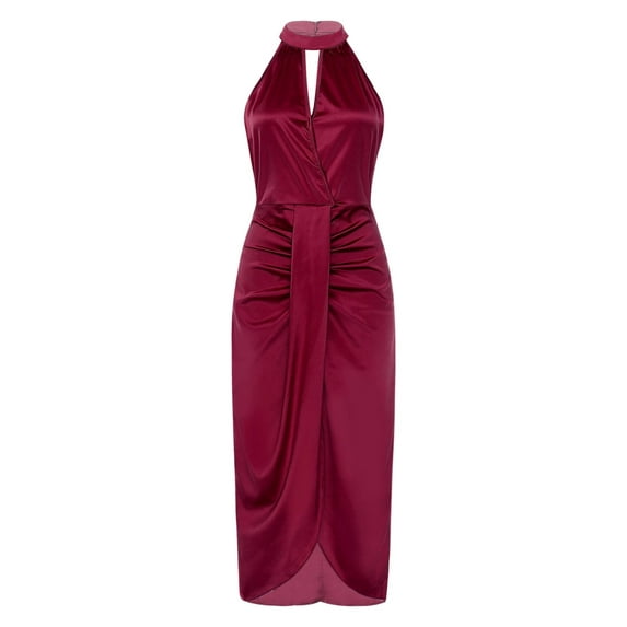 Yartina Women's Halter Neck Split Long Maxi Formal Dresses Party Wedding Guest Dresses Burgundy M