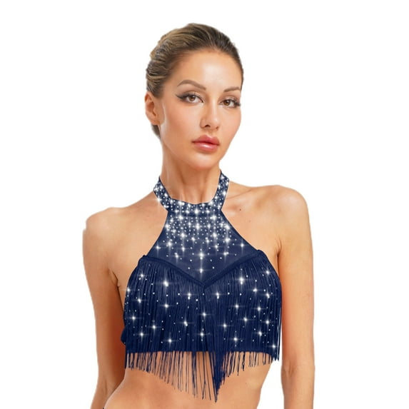 Yartina Women's Latin Salsa Samba Dancing Csotume Rhinestone Halter Sheer Mesh Crop Tops Party & Navy Blue M