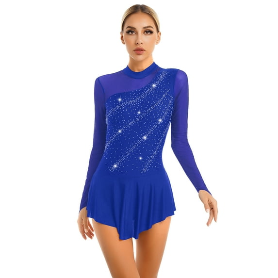 Yartina Women's Long Sleeve Figure Ice Skating Dress Mesh Rhinestone Roller Skating Lyrical Dance Royal Blue M