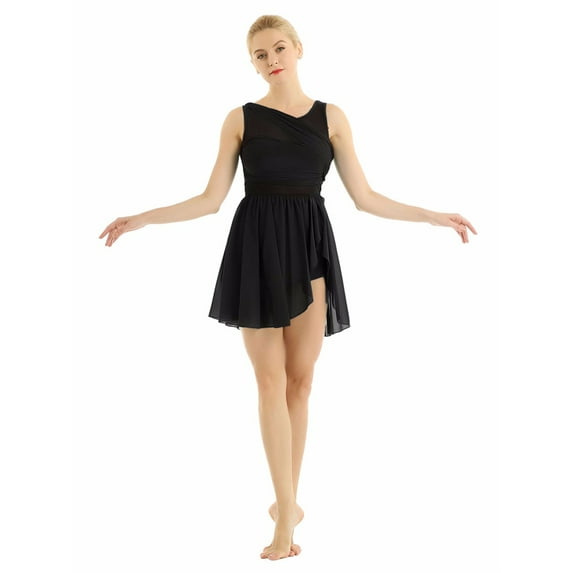 Yartina Women's Lyrical Dance Dress V-neck Asymmetric Skirted Leotard Modern Dress Black M