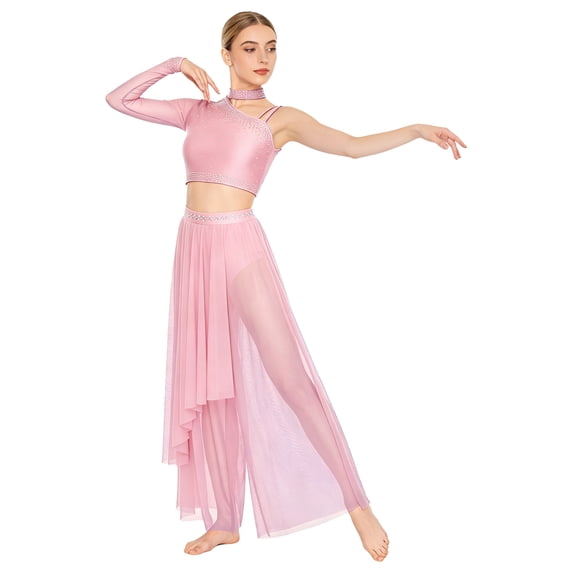 Yartina Women's Lyrical Dance Outfit Contemporary Dancewear Long Sleeve Crop Tops with Mesh Tulle Pants Pink M