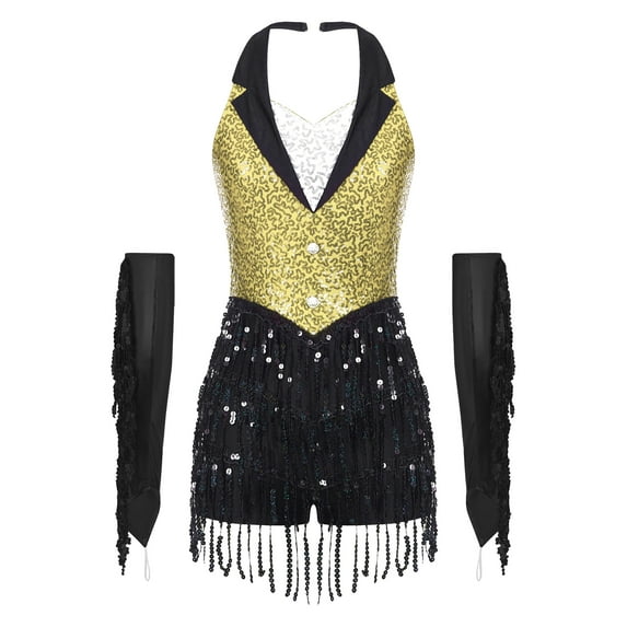 Yartina Women's Modern Dance Outfit Sequins Leotard Bodysuit Tops with Tassels Gloves for Latin Jazz Dance Yellow M