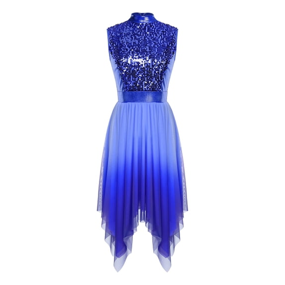 Yartina Women's Sequin Liturgical Worship Praise Dance Dress Gradient Mesh Irregular Church Worship Tunic Royal Blue XL
