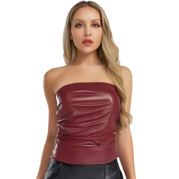 Yartina Women's Solid Color Bandeau Top Faux Leather Tube Top Casual Shirt Streetwear Clubwear Burgundy L