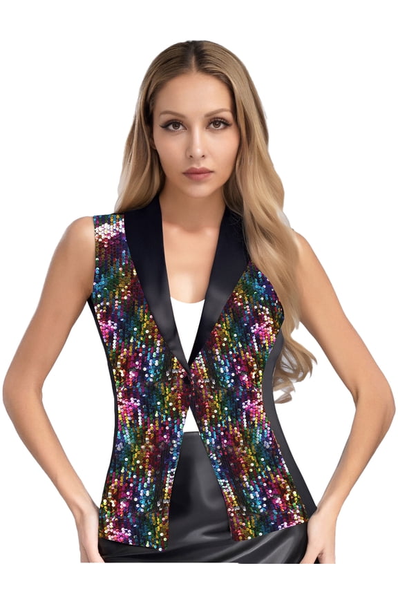 Women's Sparkle Sequin Waistcoat One Button Disco Jacket Sleeveless Coat Vest Tops Party Outwear Multicolor M