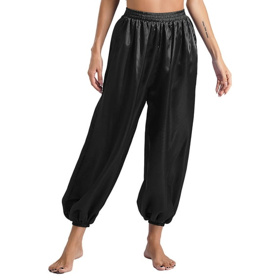 Yartina Womens Belly Dance Pants Satin Harem Pants Loose Solid Color Yoga Pants Indian Arabic Harem Trousers Black M