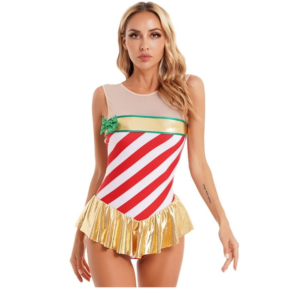 Yartina Womens Christmas Ballet Dance Leotard Dress Xmas Striped Bodysuit Unitard Candy Cane Costume Red L