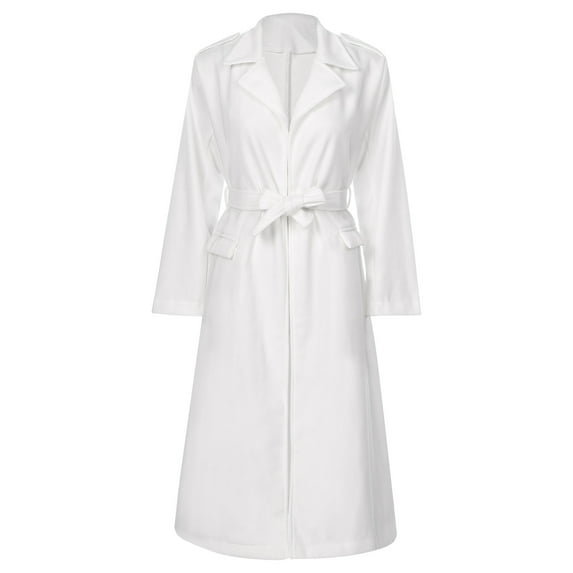 Yartina Womens Classic Long Trench Coat Lapel Collar Open Front Belted Peacoat Fall Winter Windproof White XXL