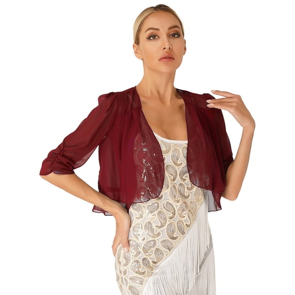 Yartina Womens Half Sleeve Sheer Mesh Shrug Cropped Bolero Cardigan Cover Up Burgundy 4XL