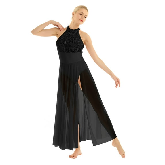 Yartina Womens Sequined Lyrical Ballet Dress Modern Contemporary Dance Costume Mesh Long Split Skirt Black XL