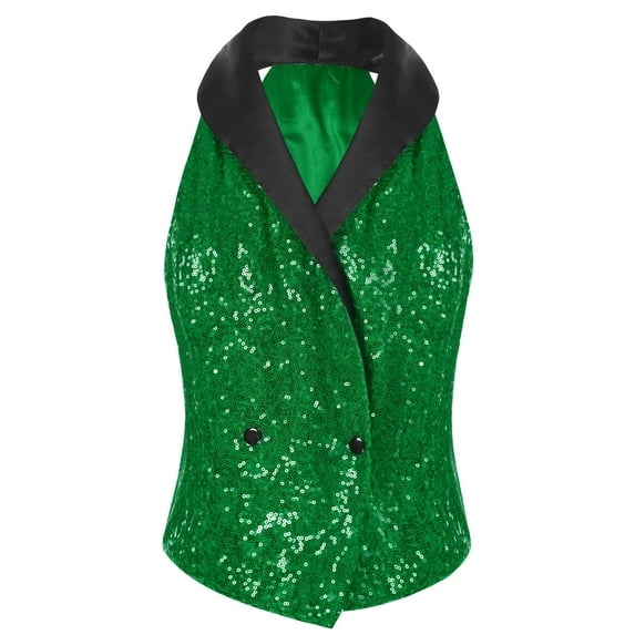 Yartina Womens Sequins Vest Sleeveless V Neck Sparkly Party Waistcoat Halter Formal Dressy Vest Green XL